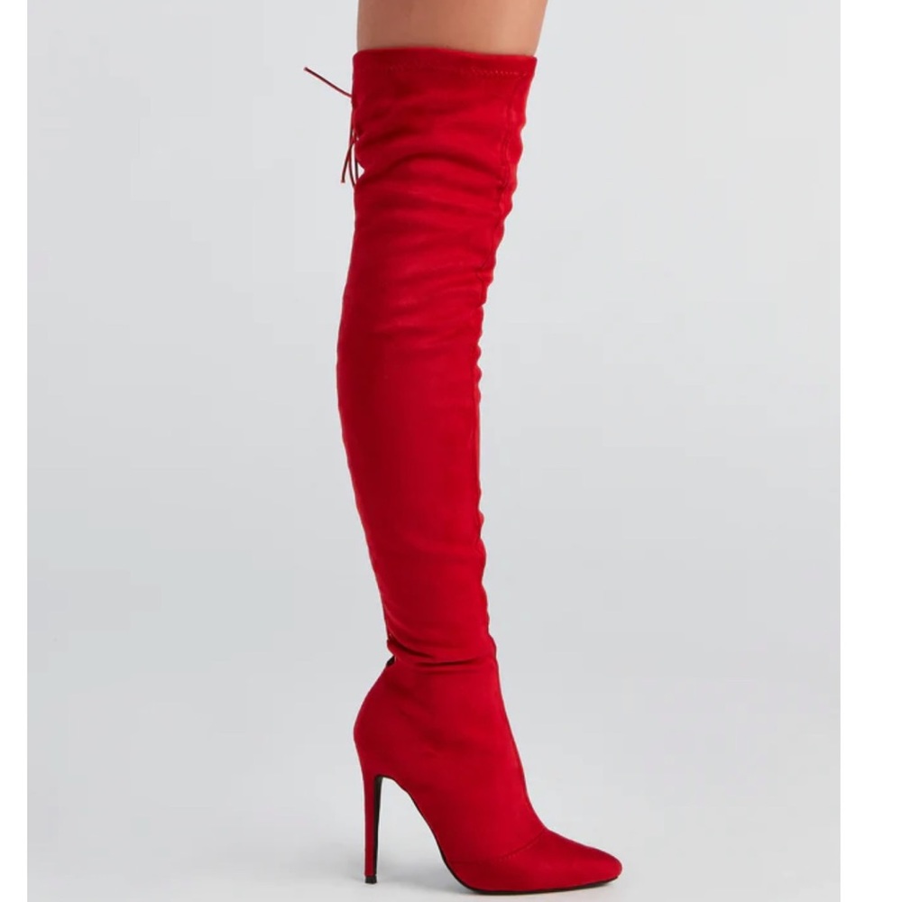 Red High Heel Open Back Corset Lace Up Thigh High Boot - Picture 8 of 11